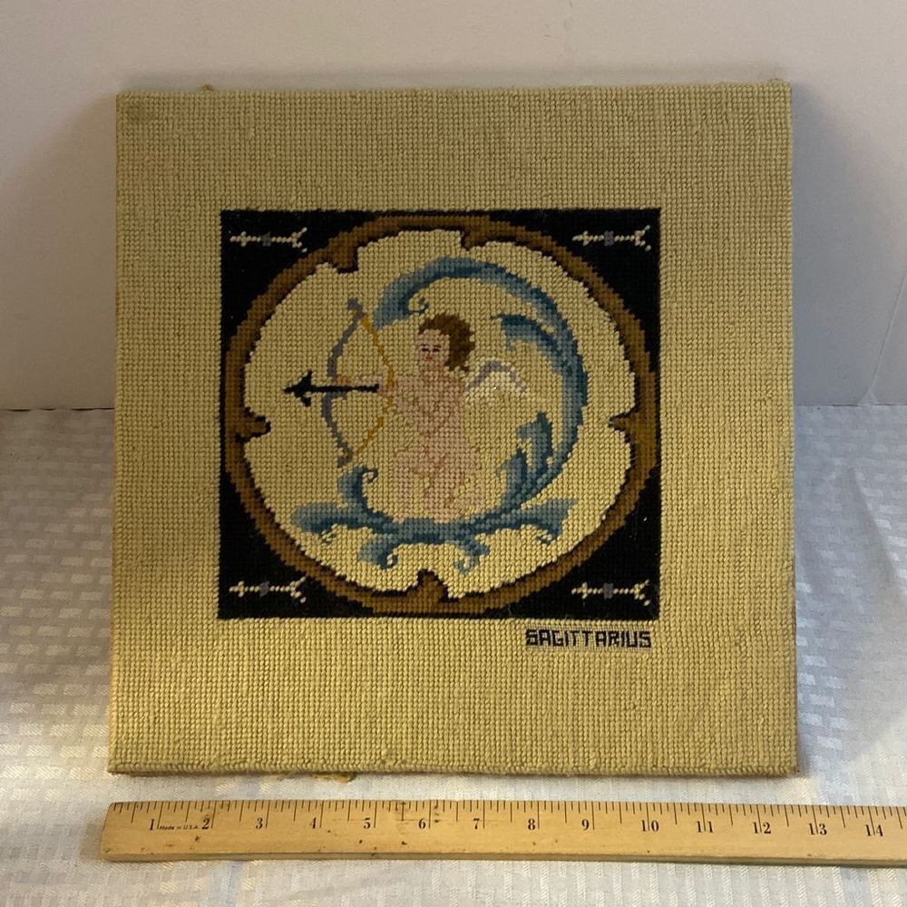 Sagittarius vintage cross stitch needle point‎ picture art 13x13”